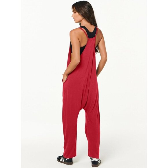 Women Bright Red Casual Summer Overall Sleeveless Spaghetti Strap Romper Jumper - Picture 5 of 6